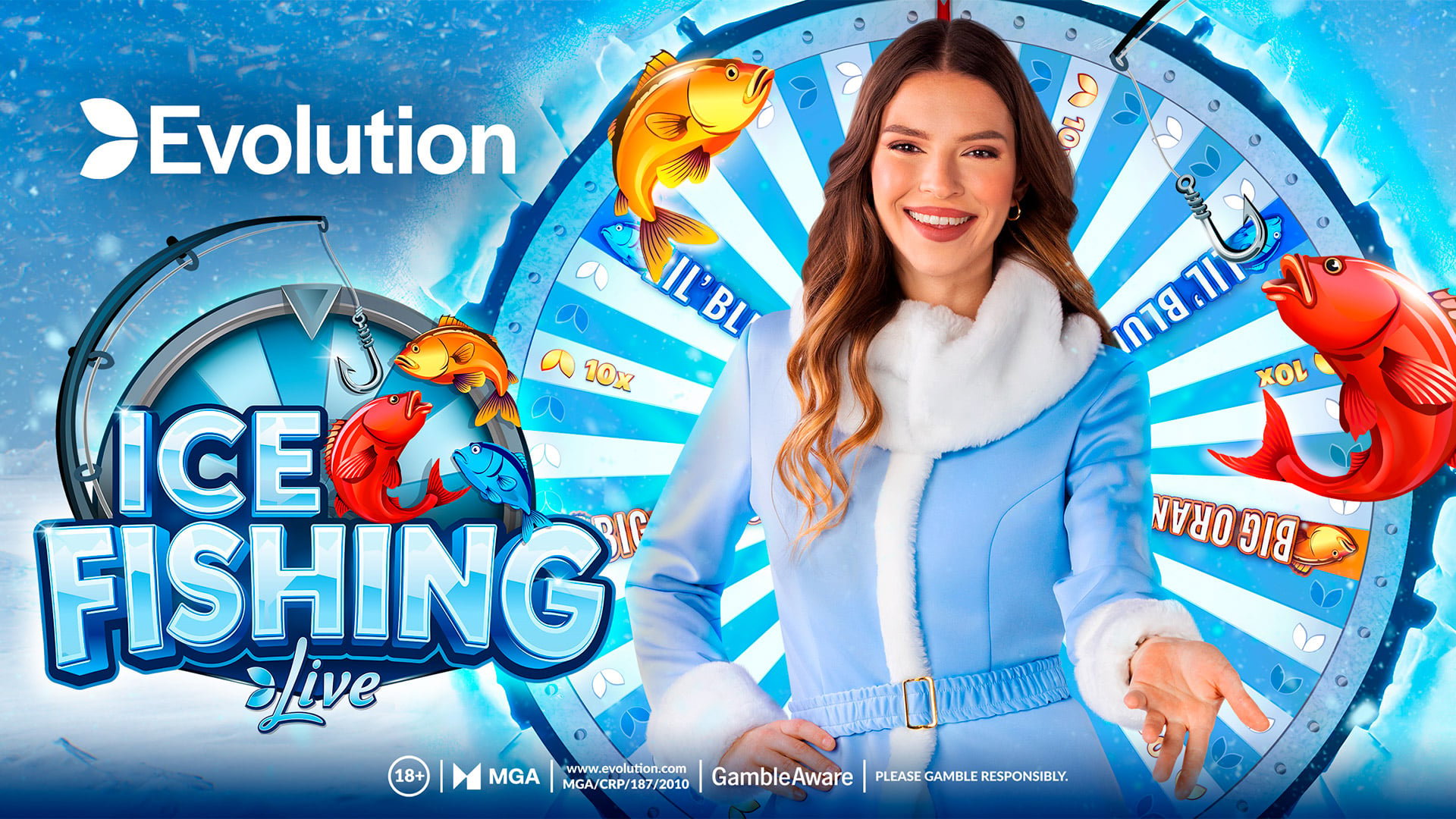 Ice Fishing Live by Evolution Gaming key art with presenter and multiplier wheel