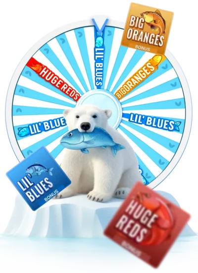 Ice Fishing bonus round tiles for Lil' Blues, Big Oranges and Huge Reds beside the wheel