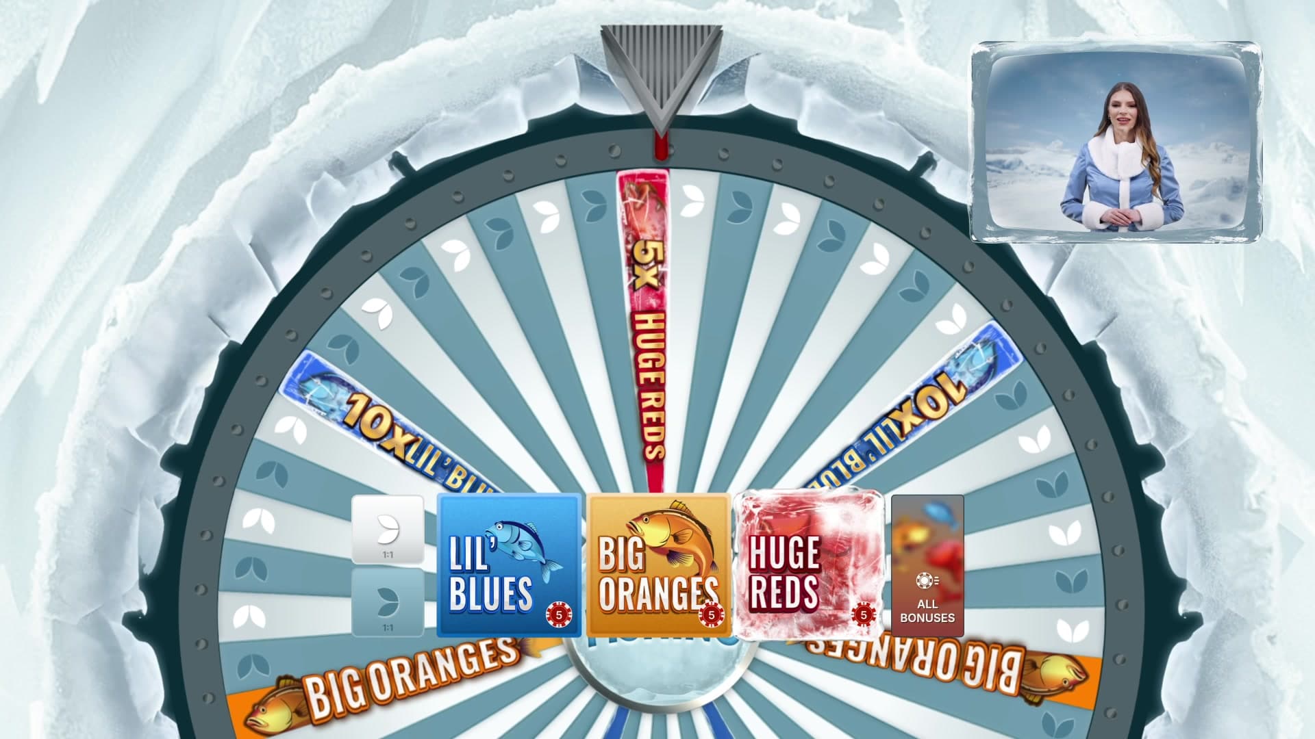 Ice Fishing wheel showing Lil' Blues, Big Oranges and Huge Reds bonus segments with 10x multipliers
