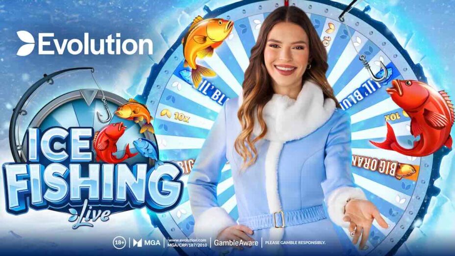 Evolution branded Ice Fishing Live key art with presenter and game show wheel