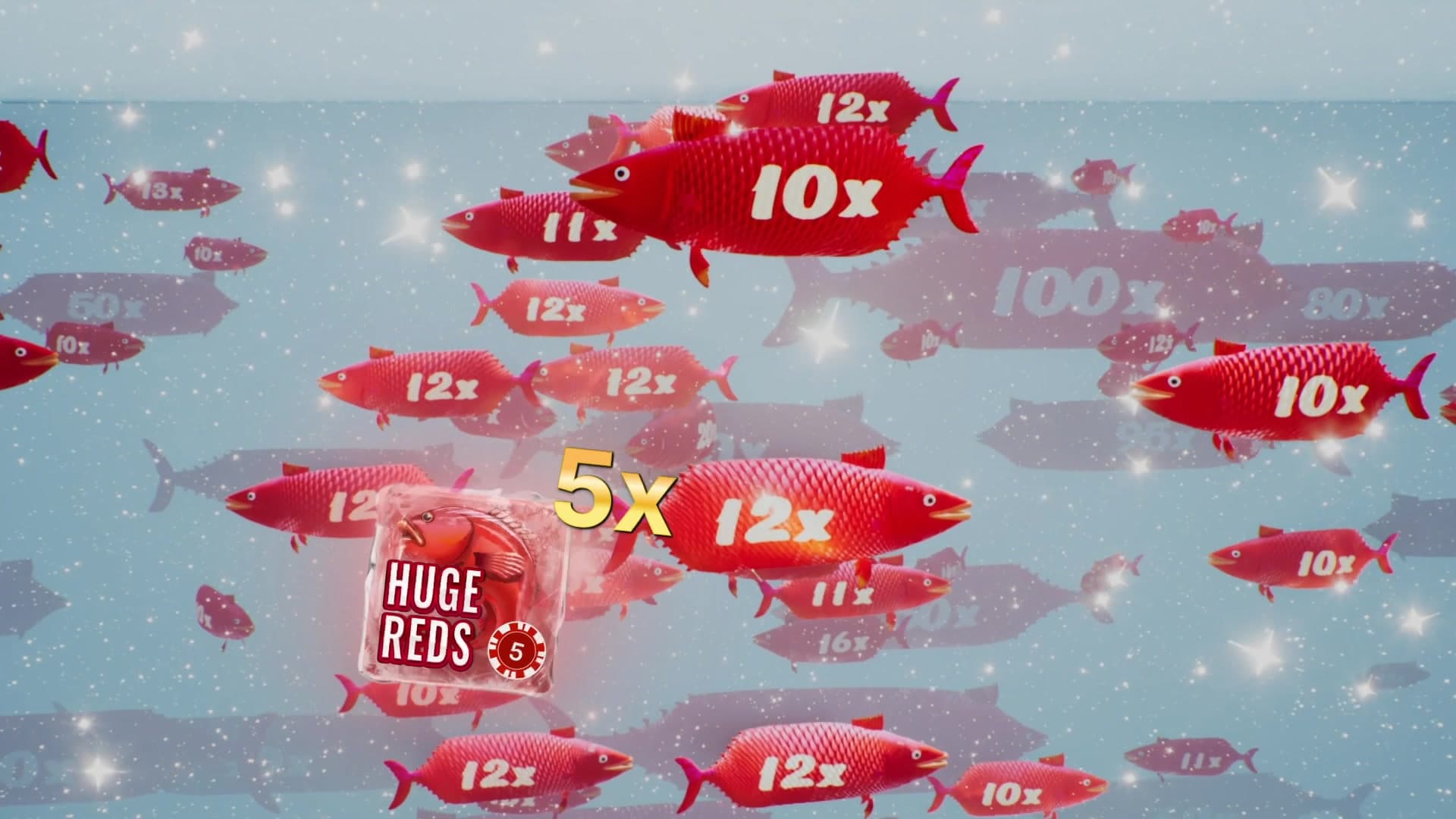 Huge Reds bonus round in Ice Fishing with red fish carrying 10x to 100x multipliers